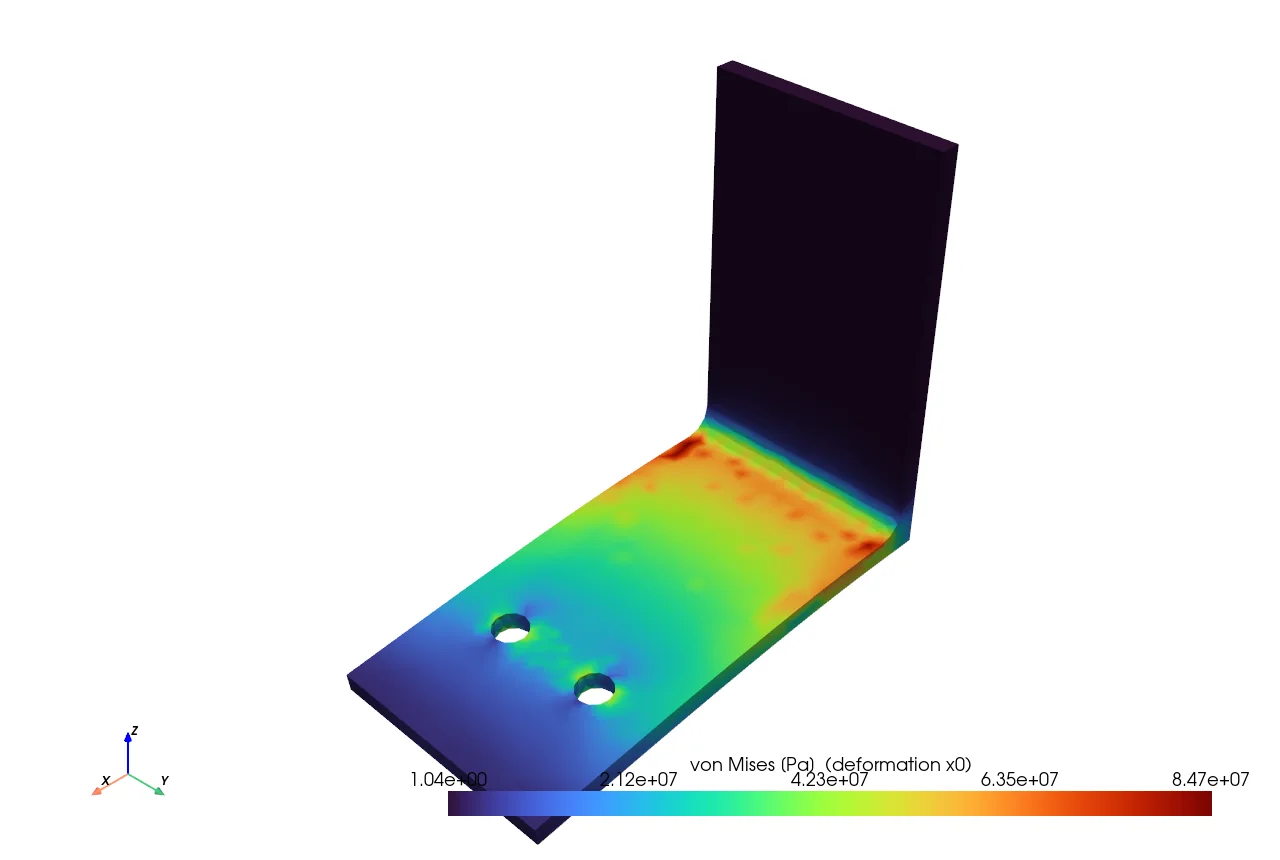 Final-mesh von Mises field at full load: the stress concentration band at the fillet root where the base meets the upright — a large-deflection stress concentration, not a modeled plastic hinge.